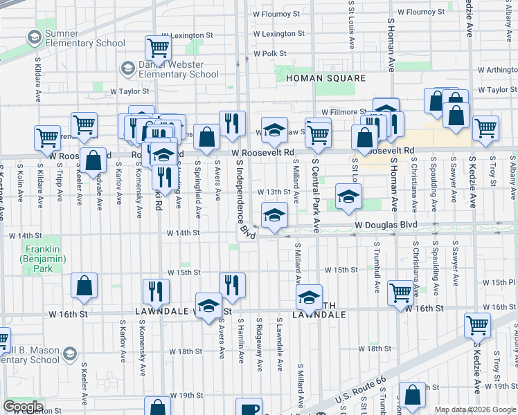 map of restaurants, bars, coffee shops, grocery stores, and more near 1328 South Lawndale Avenue in Chicago