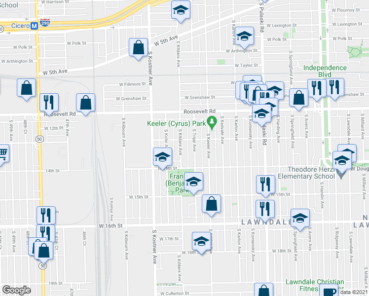 map of restaurants, bars, coffee shops, grocery stores, and more near 1323 South Kildare Avenue in Chicago