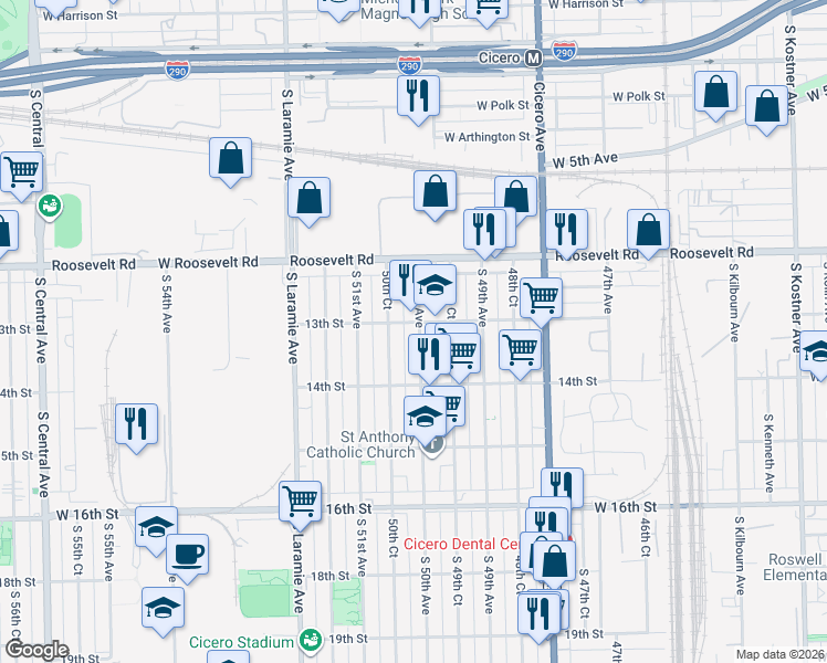 map of restaurants, bars, coffee shops, grocery stores, and more near 1312 South 50th Avenue in Cicero