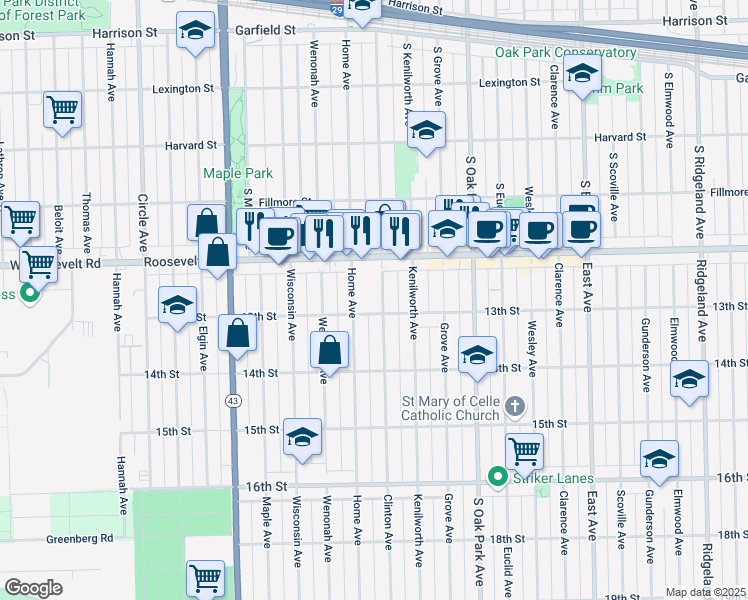 map of restaurants, bars, coffee shops, grocery stores, and more near 1244 Clinton Avenue in Berwyn
