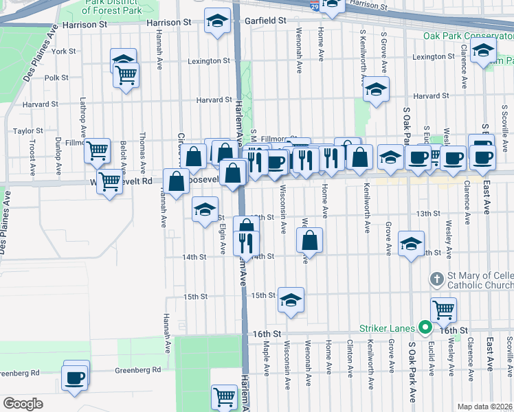 map of restaurants, bars, coffee shops, grocery stores, and more near 1241 Maple Avenue in Berwyn