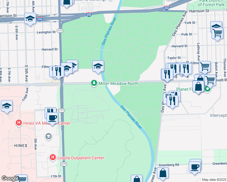 map of restaurants, bars, coffee shops, grocery stores, and more near 8284 Roosevelt Road in Forest Park