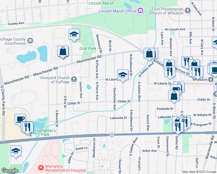 map of restaurants, bars, coffee shops, grocery stores, and more near 206 South Dorchester Avenue in Wheaton