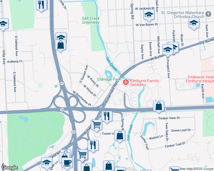 map of restaurants, bars, coffee shops, grocery stores, and more near 407 Butterfield Frontage Road in Elmhurst
