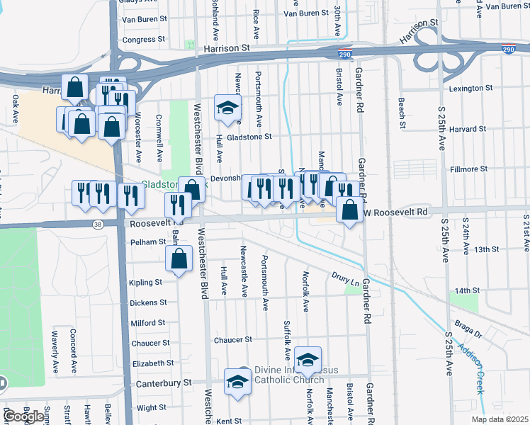 map of restaurants, bars, coffee shops, grocery stores, and more near 10026 Roosevelt Road in Westchester