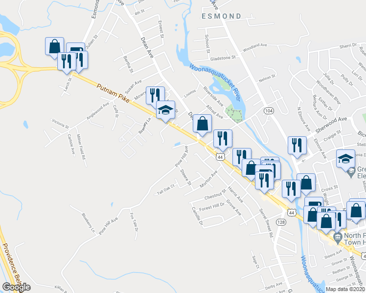 map of restaurants, bars, coffee shops, grocery stores, and more near 123 Pine Hill Avenue in Johnston