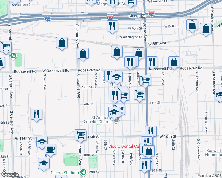 map of restaurants, bars, coffee shops, grocery stores, and more near 1312 South 50th Avenue in Cicero