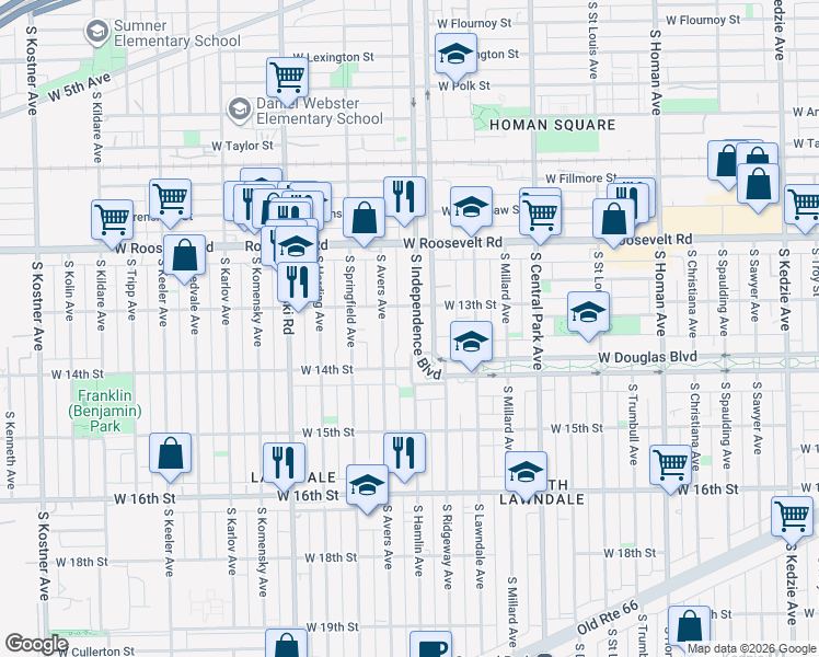 map of restaurants, bars, coffee shops, grocery stores, and more near 1318 South Independence Boulevard in Chicago