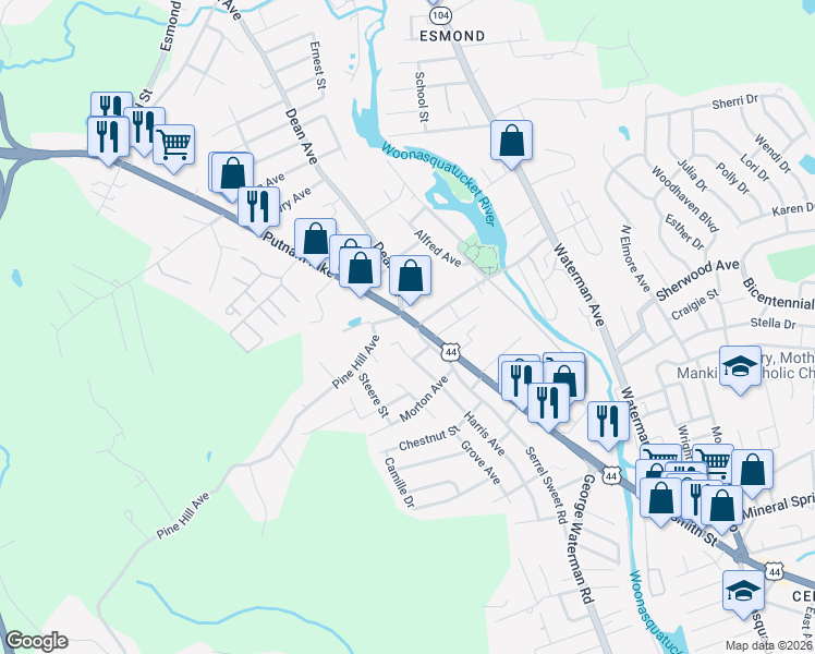 map of restaurants, bars, coffee shops, grocery stores, and more near 114 Serrel Sweet Road in Johnston