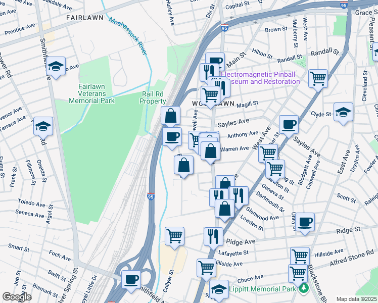 map of restaurants, bars, coffee shops, grocery stores, and more near 159 Warren Avenue in Pawtucket