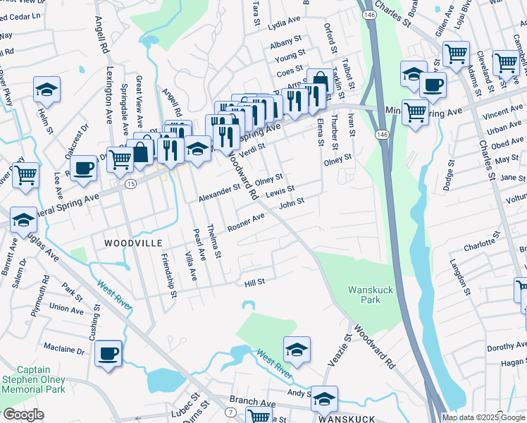 map of restaurants, bars, coffee shops, grocery stores, and more near 2 Rosner Avenue in North Providence