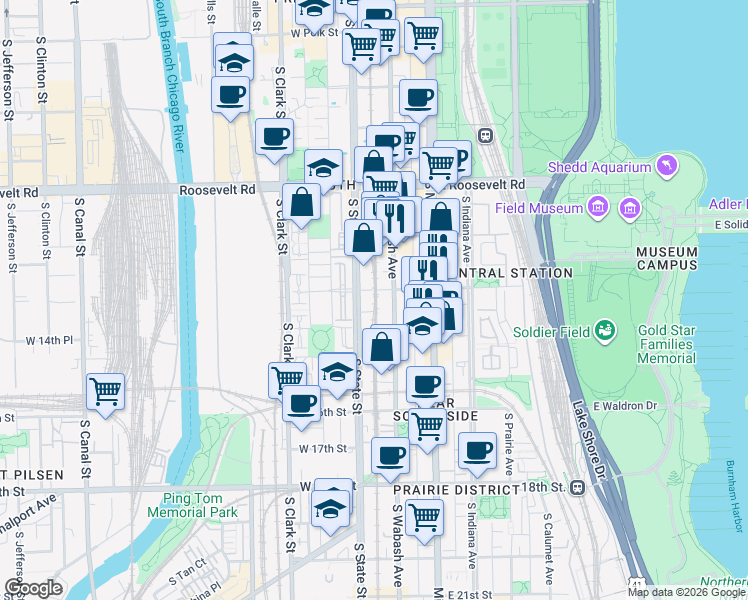 map of restaurants, bars, coffee shops, grocery stores, and more near 1401 South State Street in Chicago
