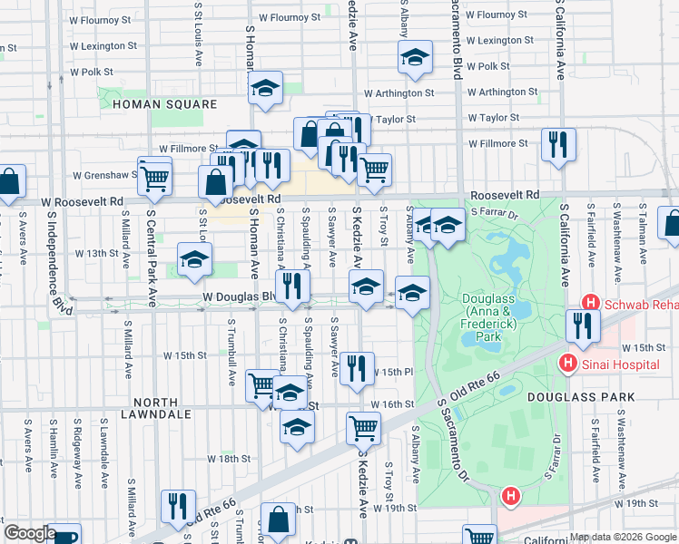 map of restaurants, bars, coffee shops, grocery stores, and more near 1329 South Sawyer Avenue in Chicago