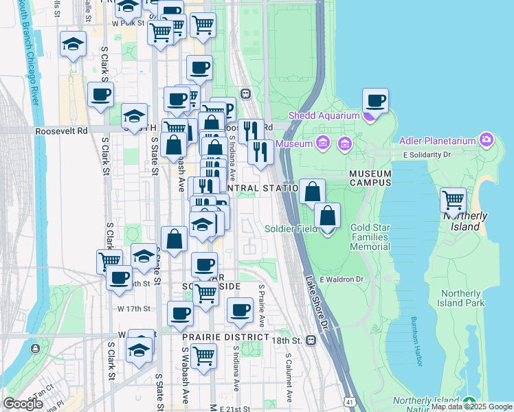 map of restaurants, bars, coffee shops, grocery stores, and more near 1419 Prairie Place in Chicago