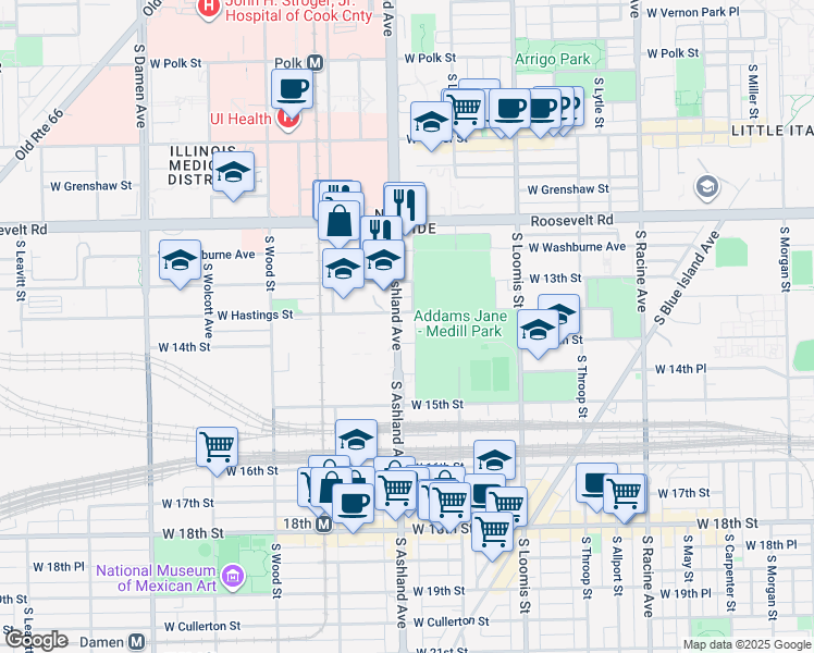 map of restaurants, bars, coffee shops, grocery stores, and more near 1353 South Ashland Avenue in Chicago
