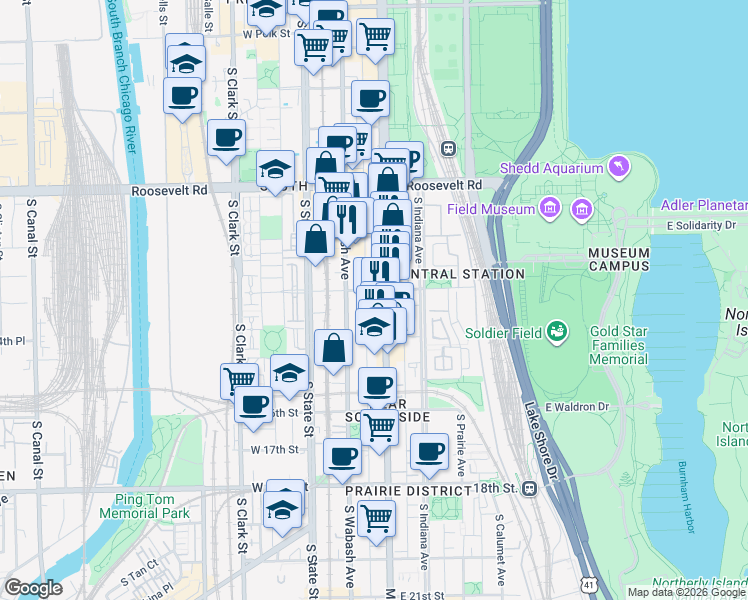 map of restaurants, bars, coffee shops, grocery stores, and more near 1400 South Michigan Avenue in Chicago