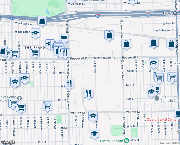 map of restaurants, bars, coffee shops, grocery stores, and more near 1300 54th Avenue in Cicero