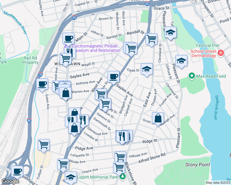 map of restaurants, bars, coffee shops, grocery stores, and more near 53 Auburn Street in Pawtucket