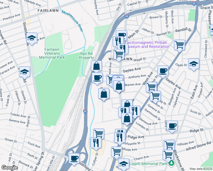 map of restaurants, bars, coffee shops, grocery stores, and more near 159 Warren Avenue in Pawtucket