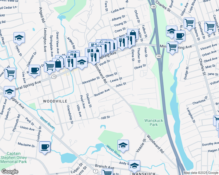 map of restaurants, bars, coffee shops, grocery stores, and more near 2 Rosner Avenue in North Providence