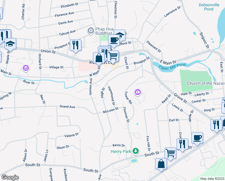 map of restaurants, bars, coffee shops, grocery stores, and more near 22 Hammond Street in Vernon