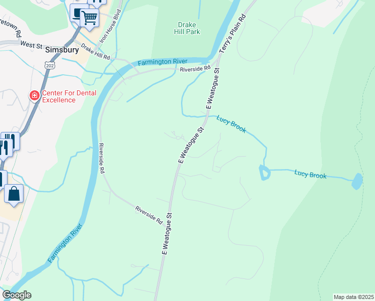 map of restaurants, bars, coffee shops, grocery stores, and more near 120 East Weatogue Street in Simsbury