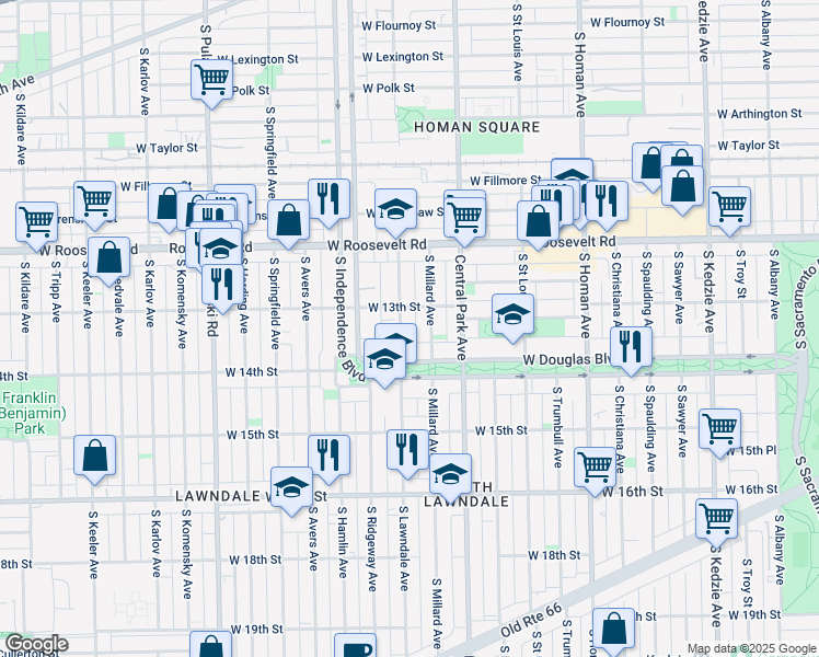 map of restaurants, bars, coffee shops, grocery stores, and more near 1330 South Millard Avenue in Chicago