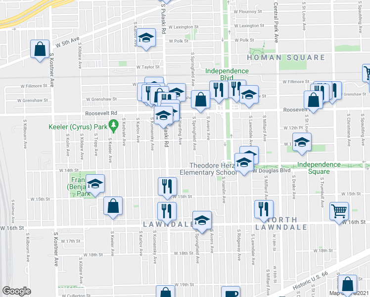 map of restaurants, bars, coffee shops, grocery stores, and more near 1330 South Springfield Avenue in Chicago