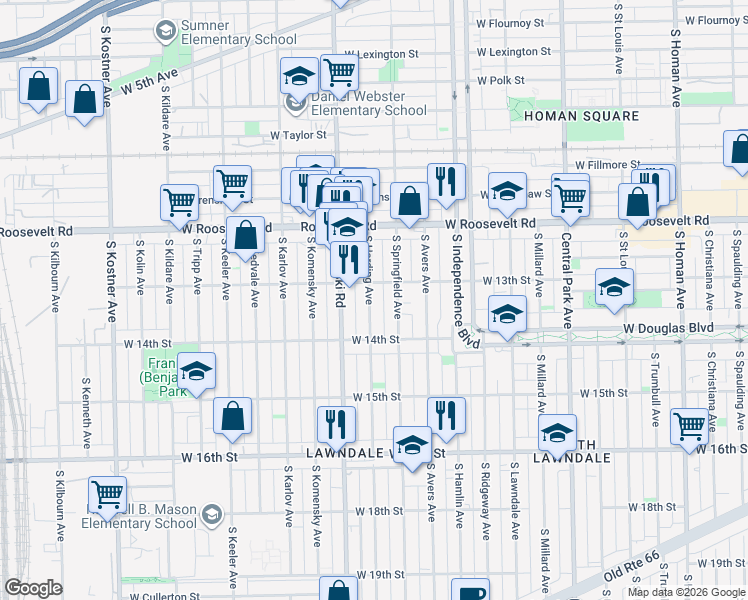 map of restaurants, bars, coffee shops, grocery stores, and more near 1330 South Springfield Avenue in Chicago