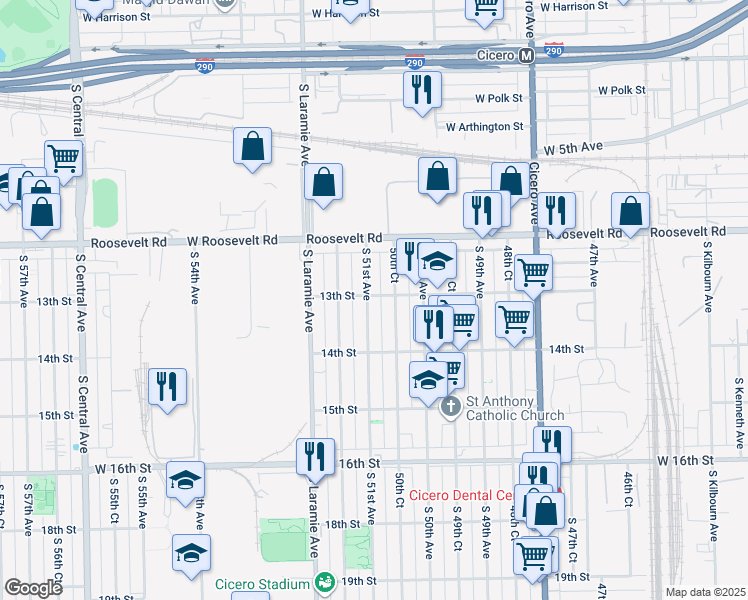 map of restaurants, bars, coffee shops, grocery stores, and more near 1313 South 51st Avenue in Cicero