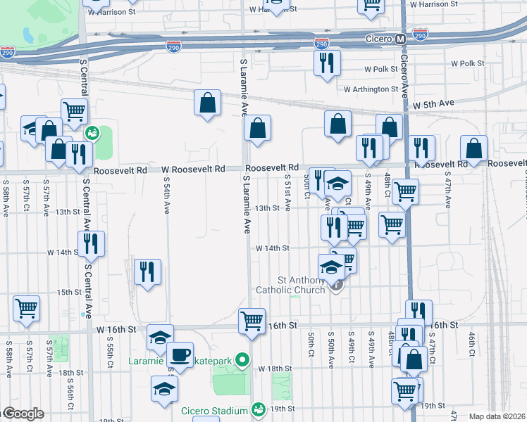 map of restaurants, bars, coffee shops, grocery stores, and more near 1311 South 51st Court in Cicero