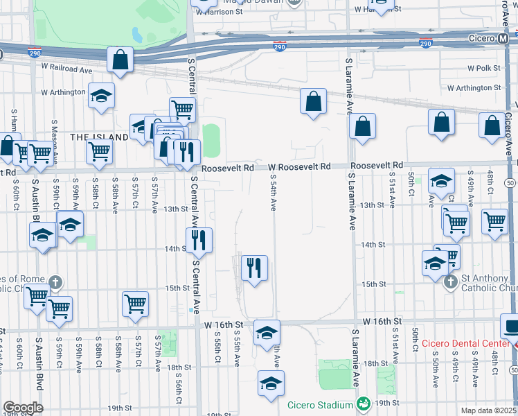 map of restaurants, bars, coffee shops, grocery stores, and more near 1300 54th Avenue in Cicero