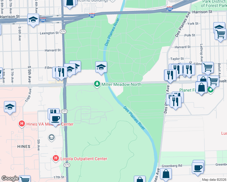 map of restaurants, bars, coffee shops, grocery stores, and more near 8284 Roosevelt Road in Forest Park