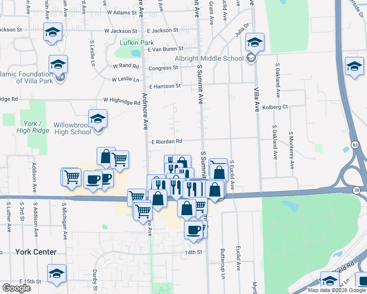 map of restaurants, bars, coffee shops, grocery stores, and more near S651 Cornell Avenue in Villa Park
