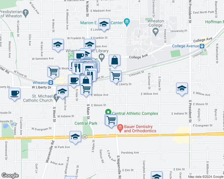 map of restaurants, bars, coffee shops, grocery stores, and more near 221 South Naperville Road in Wheaton
