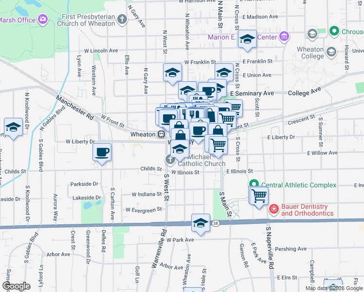 map of restaurants, bars, coffee shops, grocery stores, and more near 216 South Wheaton Avenue in Wheaton