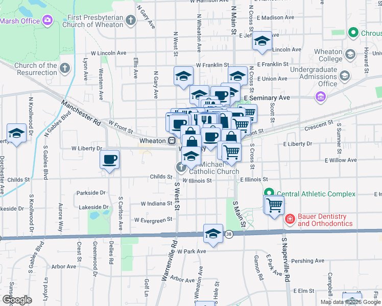 map of restaurants, bars, coffee shops, grocery stores, and more near 216 South Wheaton Avenue in Wheaton