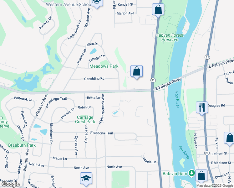 map of restaurants, bars, coffee shops, grocery stores, and more near River Rock Rd in Batavia