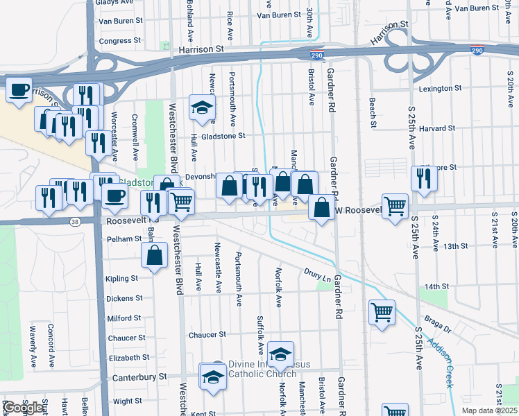 map of restaurants, bars, coffee shops, grocery stores, and more near 10026 Roosevelt Road in Westchester