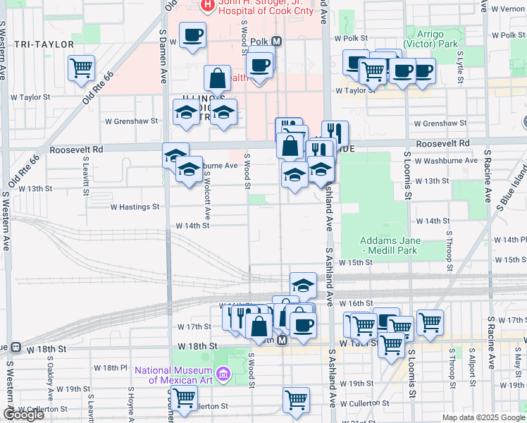 map of restaurants, bars, coffee shops, grocery stores, and more near 1742 West 14th Street in Chicago