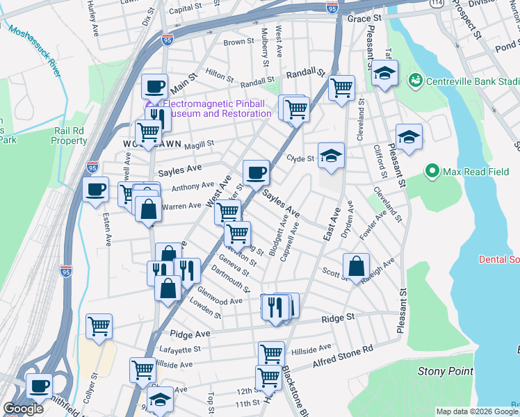 map of restaurants, bars, coffee shops, grocery stores, and more near 53 Auburn Street in Pawtucket