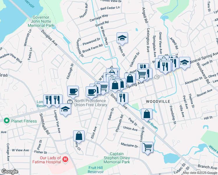 map of restaurants, bars, coffee shops, grocery stores, and more near in North Providence