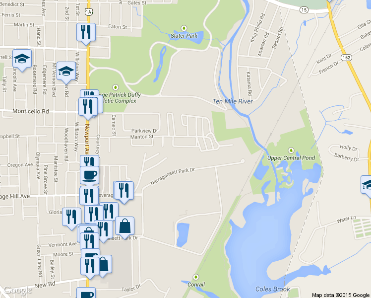 map of restaurants, bars, coffee shops, grocery stores, and more near 63 Seabiscuit Place in Pawtucket