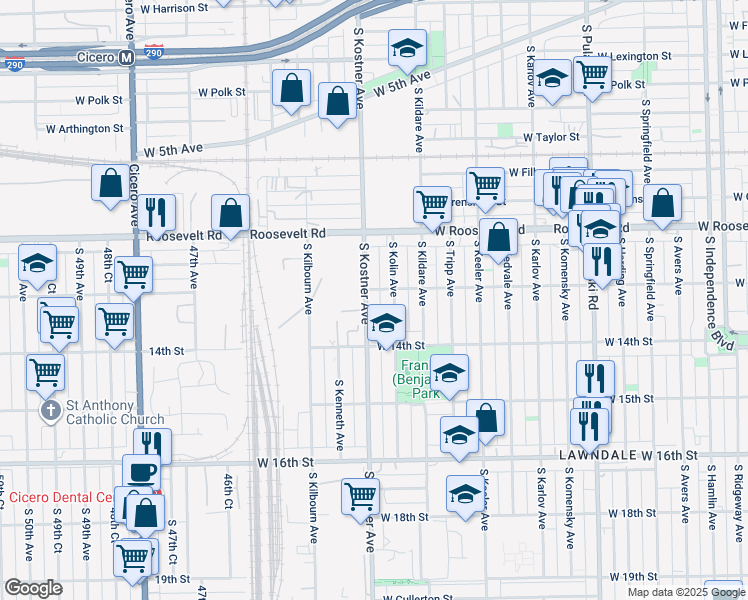 map of restaurants, bars, coffee shops, grocery stores, and more near 1309 South Kostner Avenue in Chicago