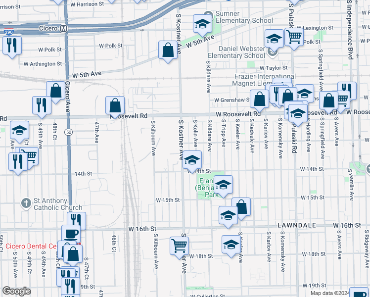 map of restaurants, bars, coffee shops, grocery stores, and more near 1309 South Kostner Avenue in Chicago