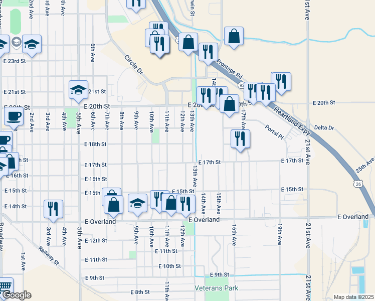 map of restaurants, bars, coffee shops, grocery stores, and more near 1710 12th Avenue in Scottsbluff