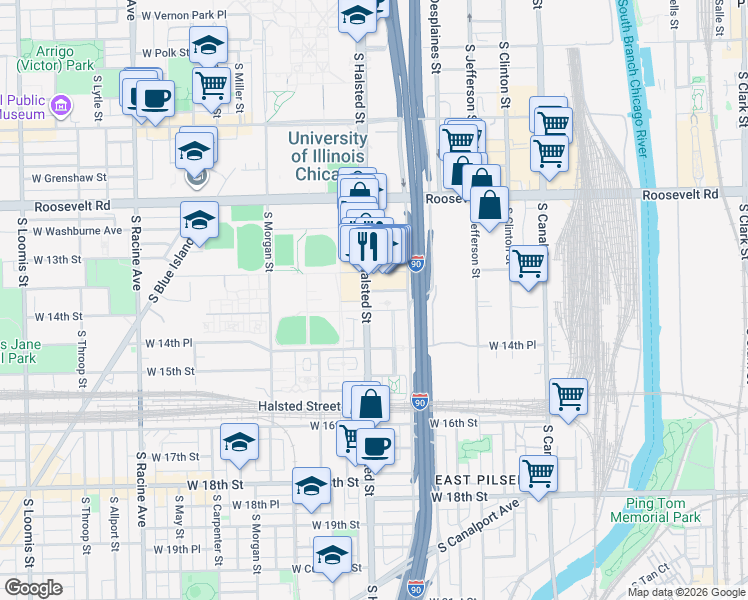 map of restaurants, bars, coffee shops, grocery stores, and more near 757 West 14th Street in Chicago