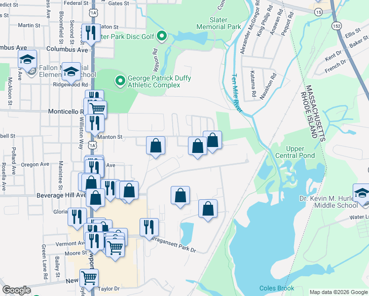 map of restaurants, bars, coffee shops, grocery stores, and more near 63 Seabiscuit Place in Pawtucket