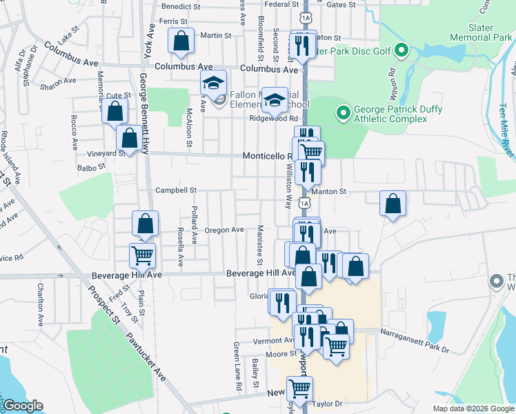 map of restaurants, bars, coffee shops, grocery stores, and more near 21 Miles Avenue in Pawtucket