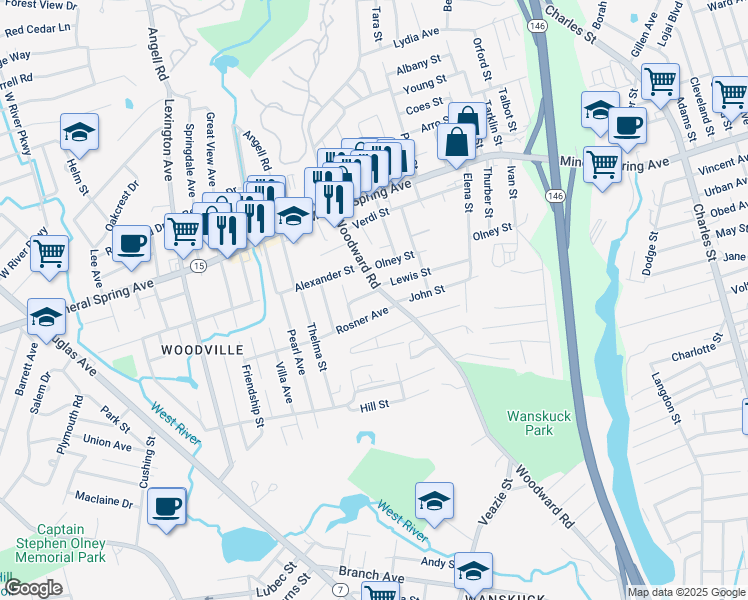 map of restaurants, bars, coffee shops, grocery stores, and more near 19 Rosner Avenue in North Providence